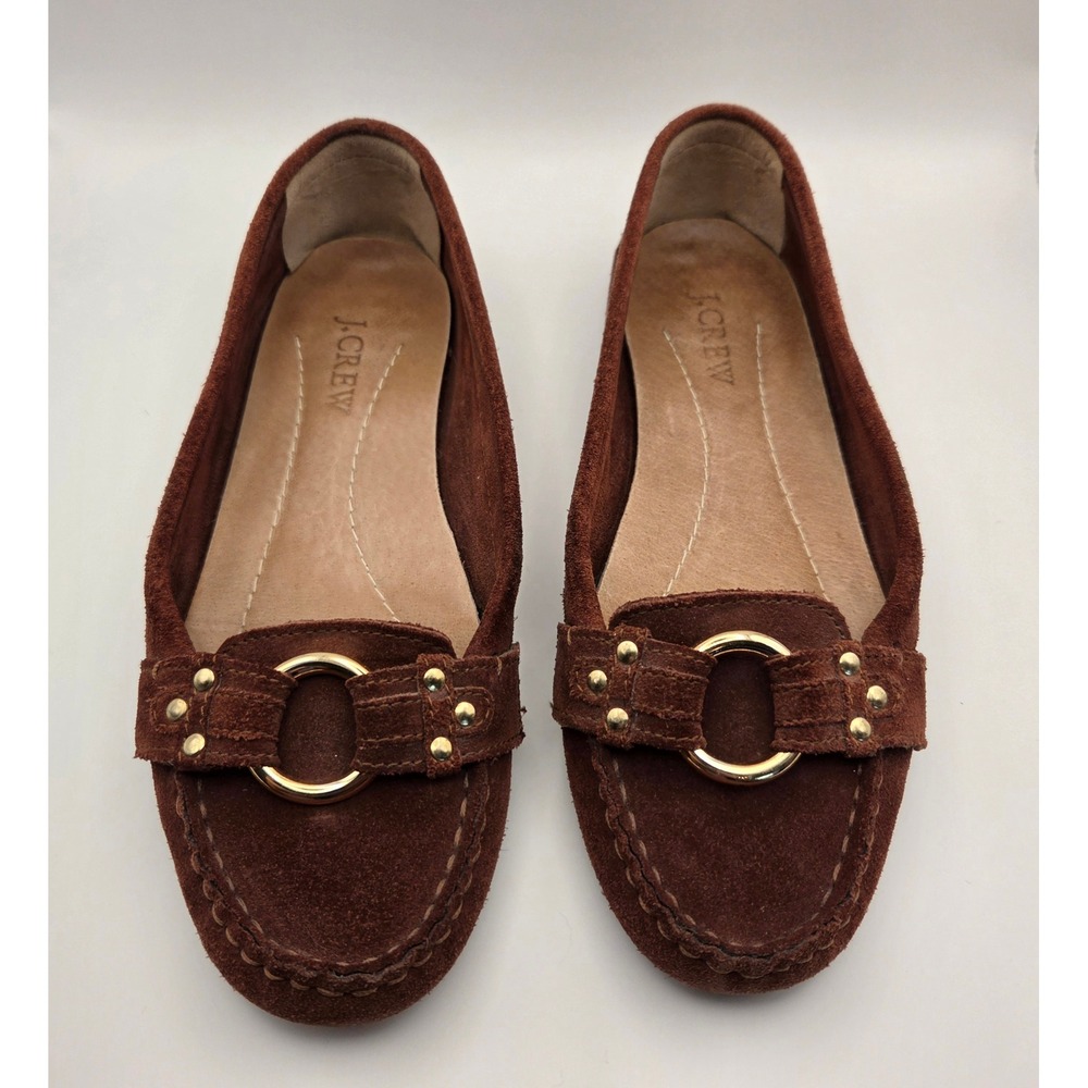 J. Crew Women's Brown Suede Loafers With Gold Ring & Stud Hardware, Size 7